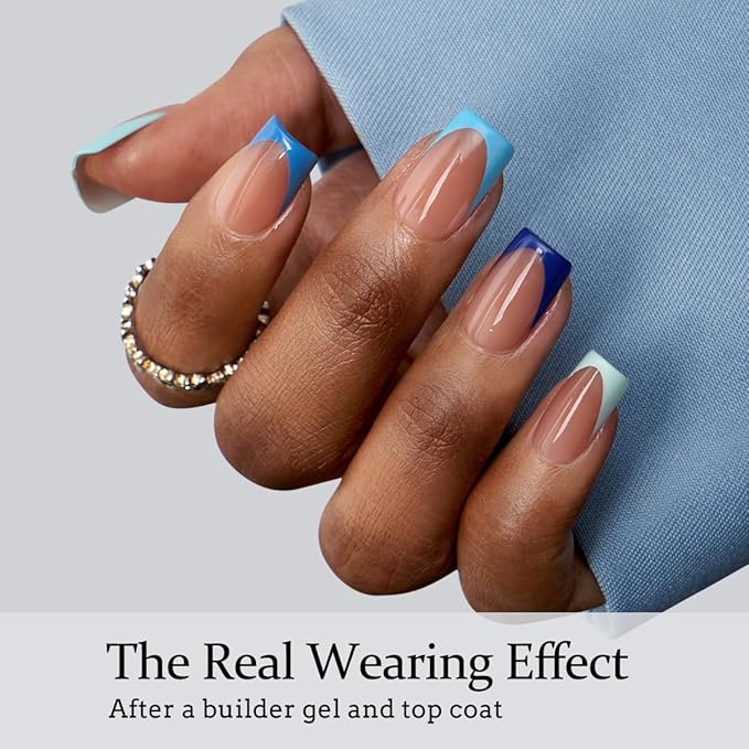 BTArtboxnails XCOATTIPS French Tip Press On Nails - Blue Press On Nails Short, Square Fake Nail Tips, 160Pcs Soak Off Soft Gel Acrylic Brown Nail Extension in 16 Sizes