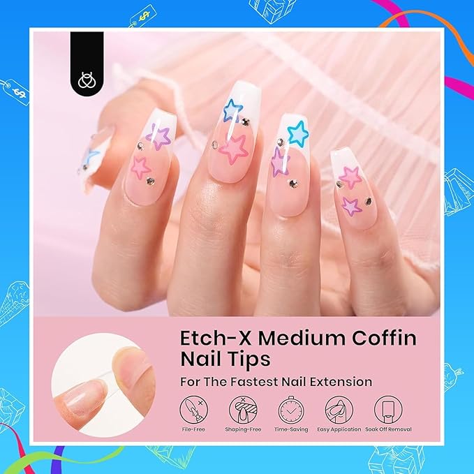 Beetles Gel Nail Tips Medium Coffin Etch X, 12 Sizes 288Pcs Pre Shaped Half Matte Full Cover Press On False Nails for Pastel Acrylic Fake Nail Extensions Kit Salon Manicure Gift for Women