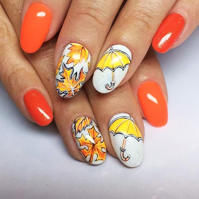 24Pcs Maple Leaf Press on Nails Fall Leaves Stick on Fingernails Glossy Yellow Umbrella Acrylic Fake Nail Thanksgiving Medium Almond False Nails Autumn Gel Glue on Nail for Coquette Women Girls