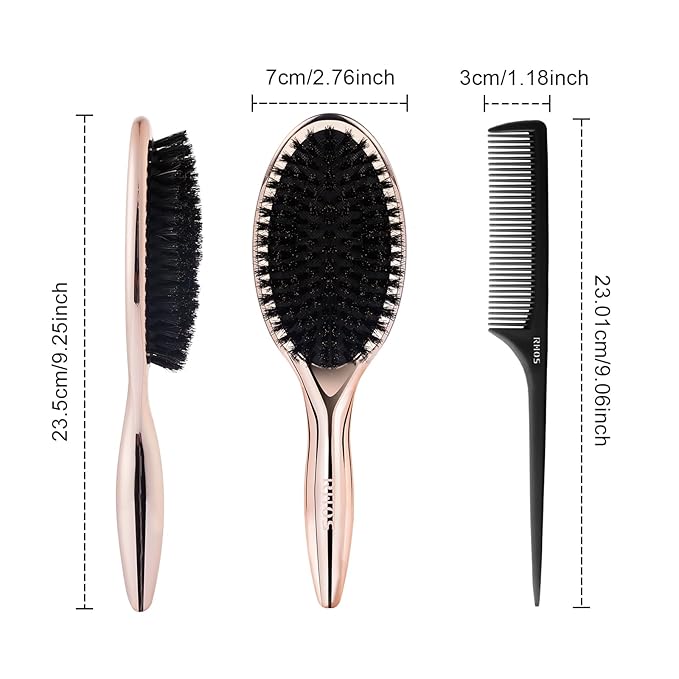 RHOS Boar Bristle Hair Brush, Soft Natural Bristle Brush for Short & Oily Hair, Smooth & Add Shine, Set Includes Rat Tail Comb, Storage Bag (0.394inch Bristle)