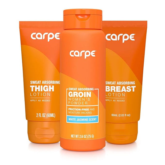 Carpe Women's Sweat Bundle Deal (1x Breast Sweat Absorbing Lotion, 1x Thigh Chafe Lotion, 1x Groin Powder) Women's Deodorant - Helps Absorb Excessive Sweat w/Odor Protection for Sensitive Lady Parts