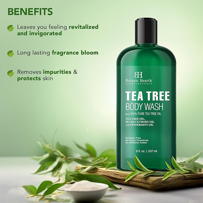 Botanic Hearth Tea Tree Body Wash | 8 Fl Oz | Helps Soothe Itchy, Dry Skin, Antifungal Body Wash With 100% Pure Tea Tree Oil | Sulfate Free, Paraben Free, For Men And Women