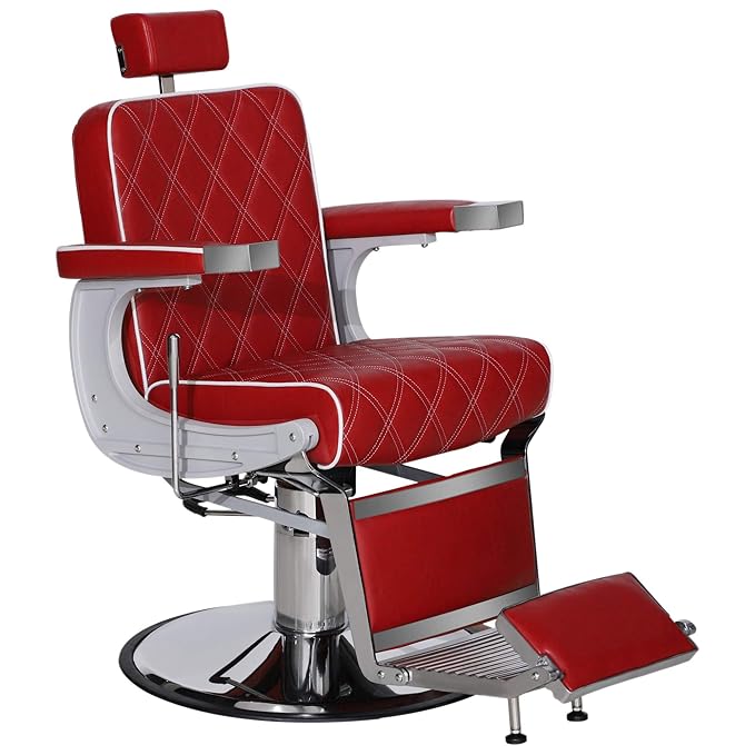 BarberPub Heavy Duty Metal Vintage Barber Chair All Purpose Hydraulic Recline Salon Beauty Spa Shampoo Equipment 3825 (Red with White Stitches)