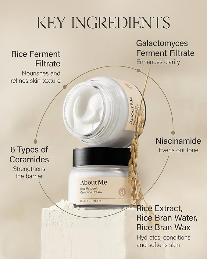 About Me Rice Makgeolli Ceramide Cream – Korean Traditional Fermentation Face Moisturizer for Dry Sensitive Skin – Daily Care with 6 Ceramides & Shea Butter – Korean Skin Care – 2.87oz, 85ml