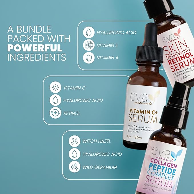 Eva Naturals Trifecta Face Serum Set – Retinol, Vitamin C & Peptides with Hyaluronic Acid & Niacinamide – Anti-Aging Skincare Bundle for Women – Collagen Boosting, Wrinkle & Spot Treatment