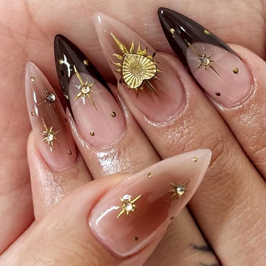Gold Heart Press on Nails Black French Tip Fake Nails with Rhinestone Design Reusable Star Nail Press ons Brown Ombre Glossy Full Cover Medium Almond Glue on Nail for Women Girls Manicure 24Pcs