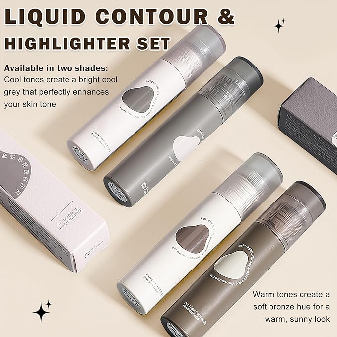 Cool Toned Contour Stick and Liquid Highlighter Makeup Stick,Lightweight Liquid Contour,Grey Cream Bronzer for Sculpted Look,Hydrating and Nourishing (Cool Tone Contour + Highlight)