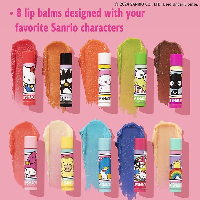 Lip Smacker Sanrio Hello Kitty and Friends 8-Piece Flavored Lip Balm, Clear, For Kids, My Melody, Little Twin Stars, and Chococat
