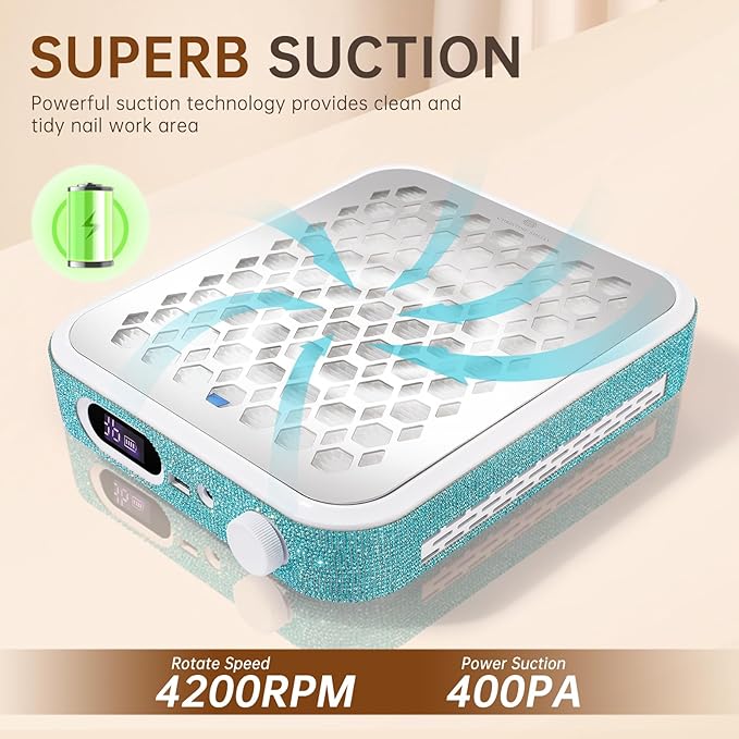 Nail Dust Collector, Rechargeable Dust Collector Nail Tech, Powerful Vacuum Fan Vent Dust Collector Extractor Dust Suction Machine for Acrylic Nails Polishing, Nail Salon&Home, Blue