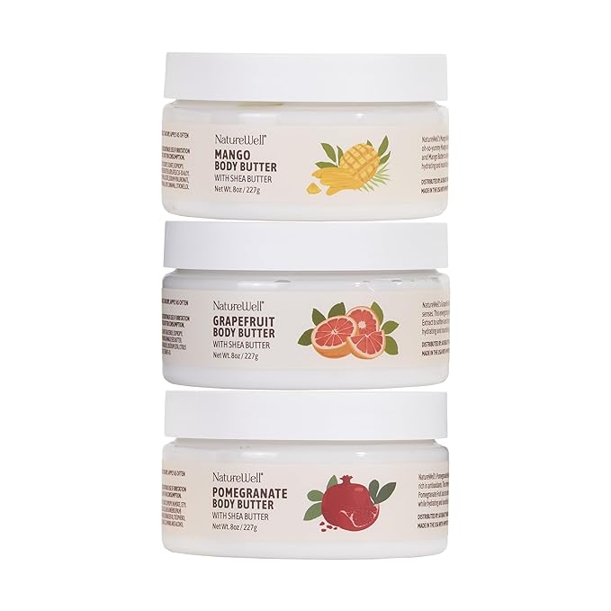 NATURE WELL Shea Body Butter Variety Pack, Includes Grapefruit, Mango, & Pomegranate, Provides Ultimate Nourishment & Hydration, 3 Pack (8 Ounces Each)