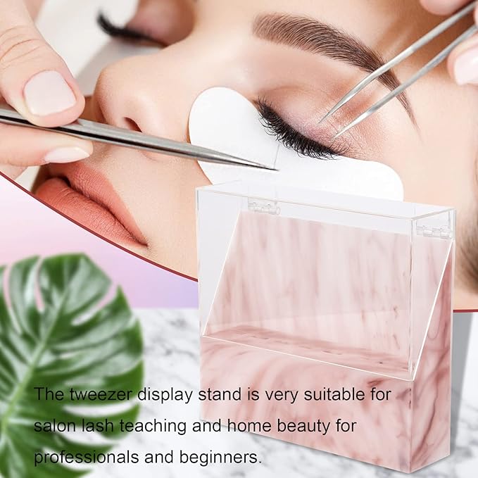 8 Holes Dust-proof Eyelash Tweezers Holder Case Acrylic Marble Tweezer Stand Display Organizer with Cover for Lash Extensions (pink)