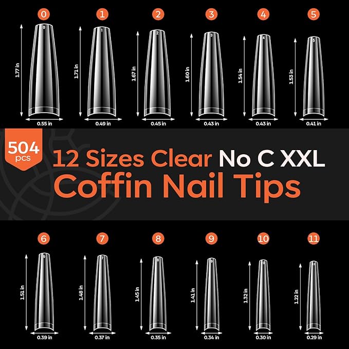 modelones XXL Long Coffin French Nail Tips, 504 PCS No C Curve Half Cover Clear Acrylic Fake Nails Tips Gel Pre-shaped 12 Sizes with Box