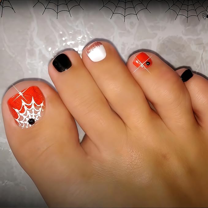 24Pcs Halloween Orange Glitter French Tips Press on Toenails Short Square Fake Toe Nails with Rhinestones White Spider Web Designs False Toenail Black Orange Halloween Acrylic Toenail for Women