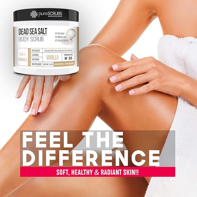 pureSCRUBS Premium Vanilla Body Scrub Set - Large 16oz Dead Sea Salt Body Scrub With Infused Essential Oils & Nutrients, Includes Wooden Spoon, Loofah & Oatmeal Exfoliating Bar Soap