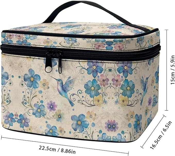 Blue Hummingbird Floral Pattern Travel Makeup Bags for Women Portable Tote Cosmetic Case with Carry Handle Toiletry Accessories Storage Organizer Bags