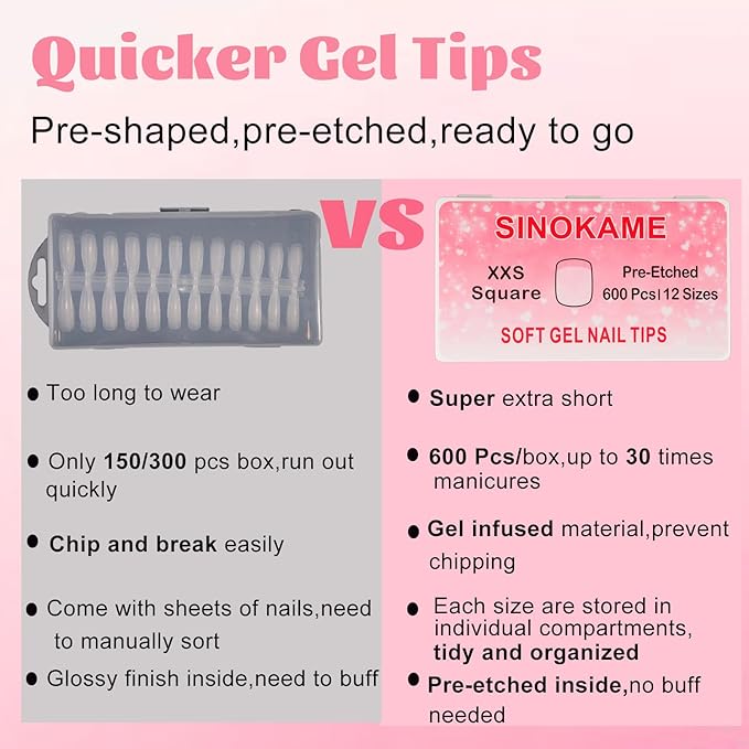 600 Pcs Extra Short XXS Square Nail Tips,SINOKAME Clear Press on Nails for Kids Women Small Short Petite Nail Beds, 12 Sizes DIY Salon Home Manicure Nail Extension