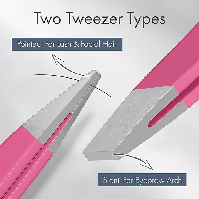 Tweezers for Women Facial Hair, Slant & Pointed Tweezers for Eyebrows, Ingrown Hair, Splinter Removal, 2 Pack Tweezer Set, Professional Stainless Steel Eyebrow Tweezers for Men and Women, Pink