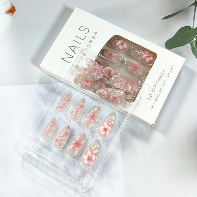 3D Flower Press on Nails Medium Almond Fake Nails with Pink Blossom Designs Handmade False Nails Glossy Full Cover Acrylic Nail Tips Peal Floral Butterfly Glue on Nail for Women 24Pcs
