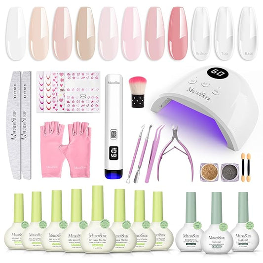 MelodySusie Gel Nail Polish Kit with UV Nail Lamp - Handheld UV Light Christmas Gift for Women Plant Based Hema Free Pink Gel Polish Set with No Wipe Glossy Top Coat Base Coat Builder Manicure Tools
