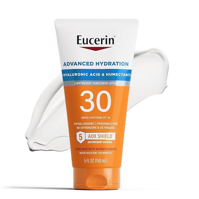 Eucerin Sun Advanced Hydration SPF 30 Sunscreen Lotion, Lightweight Sunscreen with Hyaluronic Acid, Hypoallergenic, Fragrance Free, 5 Fl Oz Tube