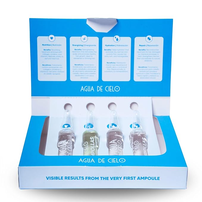 Agua de Cielo Hair Ampoules Set - Intensive Hair Treatment for Damaged Hair, Nourish, Hydrate, Repair & Energize Hair - 4 Ampoules of 10ml