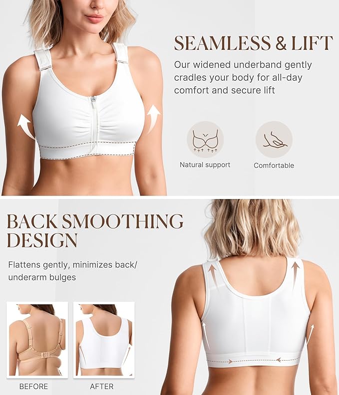 BRABIC Zip Front Closure Everyday Bra for Women Post Surgery Compression Support with Adjustable Straps Wirefree