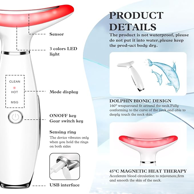 Face and Neck Massager for Face, Neck, Skin Lifting and Firming, Wrinkle and Dark Circles Reduction, Three Color Multi Mode Home Skin Care Facial Contour Tool and Neck Massager, White