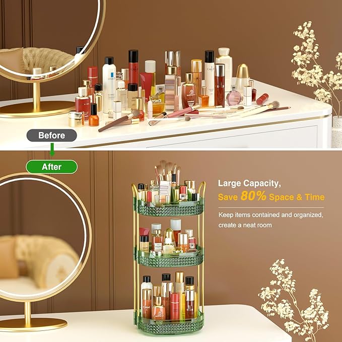Awenia Rotating Makeup Organizer 360, Stackable Adjustable Large Capacity Cosmetic Storage Unit,Dresser Bathroom Kitchen Countertop Organizer with Metal Handle, Plus Size (Gem Green, 3 Tier)