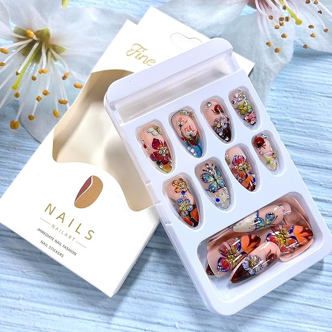 CJDLTSFlower 3D Press on Nails Medium Length Coloful Floral Butterfly Pattern Design Rhinestones Acrylic False Nails French Tip Artificial Stick on Nail 24Pcs Press Ons Blossom Glue on Nails