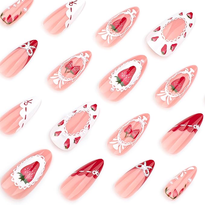 24Pcs Strawberry Press on Nails Medium Almond Fake Nails with 3D Pearl Design Cute Bow Tie Rhinestones Acrylic Nails False Nails Strawberries Red French Tip Glue on Nails for Women Decor