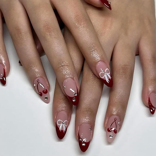 24Pcs Red French Tip Press on Nails Medium Almond Fake Nails with White Rhinestones Bow Cherry Design Glitter False Nails Full Cover Artificial Glue on Nails Cute Stick on Nails for Women Manicure