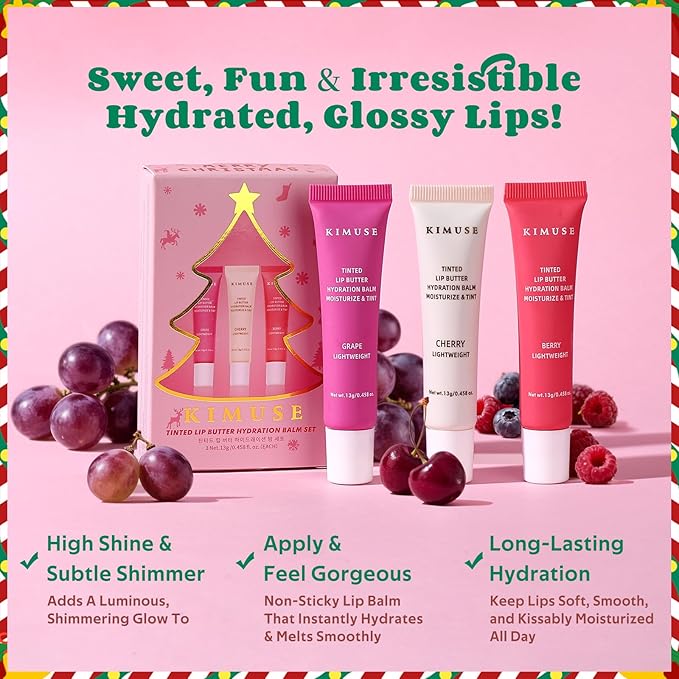 KIMUSE 3 Pack Tinted Lip Butter Hydration Balm, Hydrating Lip Treatment with Hyaluronic Acid & Vitamin E, Tinted Lip Balm for Instant Moisture, Shine & Hydration, Supple Lips, Vegan & Cruelty-Free