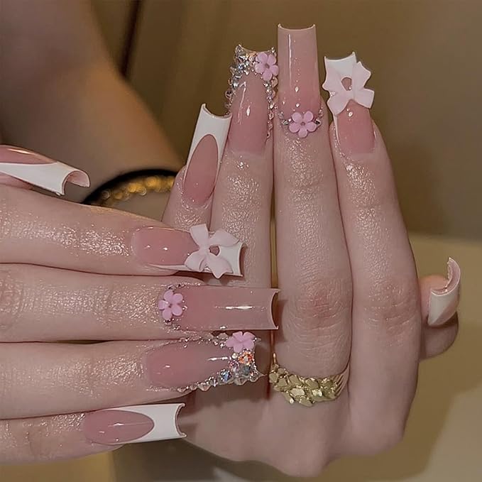 French Tip Press on Nails Long Square Fake Nails with 3D Bow Rhinestones Designs Glossy Cute False Nails Flower Charms Acrylic Nails Reusable Glue on Nails for Women Girls 24Pcs