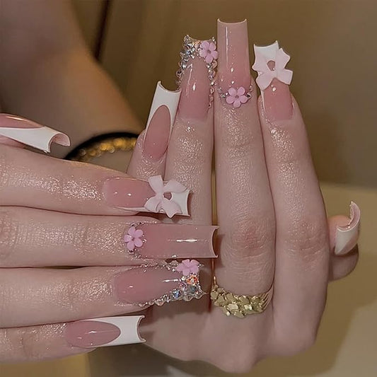 French Tip Press on Nails Long Square Fake Nails with 3D Bow Rhinestones Designs Glossy Cute False Nails Flower Charms Acrylic Nails Reusable Glue on Nails for Women Girls 24Pcs