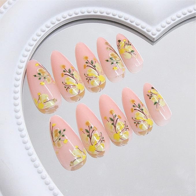Green Leaves Gel Glue on Acrylic Fake Nails Flower Press on Nails 24Pcs Wild Flowers Press ons Fingernails Glossy Yellow Medium Almond False Nail Oil Painting Stick on Nail for Holiday Manicure Art