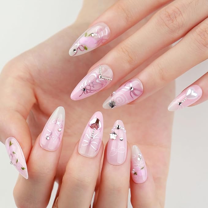 3D Handmade Spring & Summer Heart Pearl Press On Nails Almond Medium 24 Pcs, Flower Designer Reusable Acrylic Fake Nails with Glue, Wedding and Party, Daily wear Nails fro Women Gift