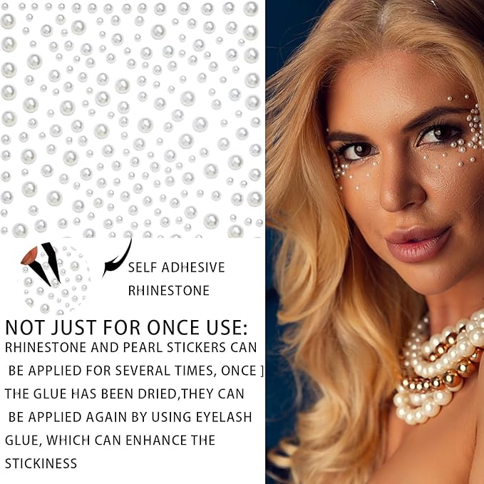 1450 Pieces Eye Face Gems White Pearls Self-Adhesive Rhinestone Stickers for Makeup, Rainbow Glitters Jewels Face Stickers, for DIY Nail Body Accessories