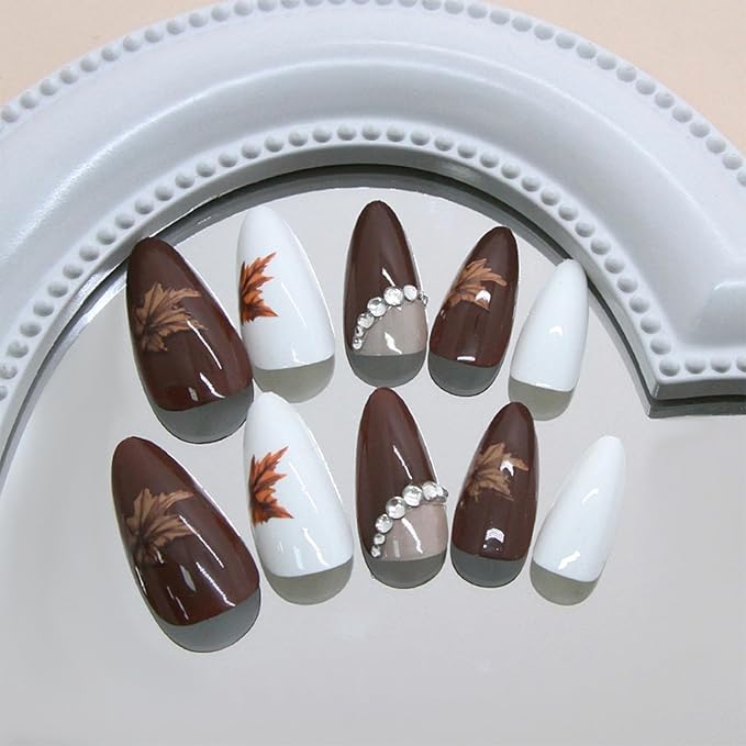 Thanksgiving Press on Nails 24Pcs Maple Leaves Medium Almond False Nail Rhinestones Gel Glue on Fingernails Glossy Brown French Stick on Nail Acrylic Full Cover Fake Nails for Holiday Manicure Art