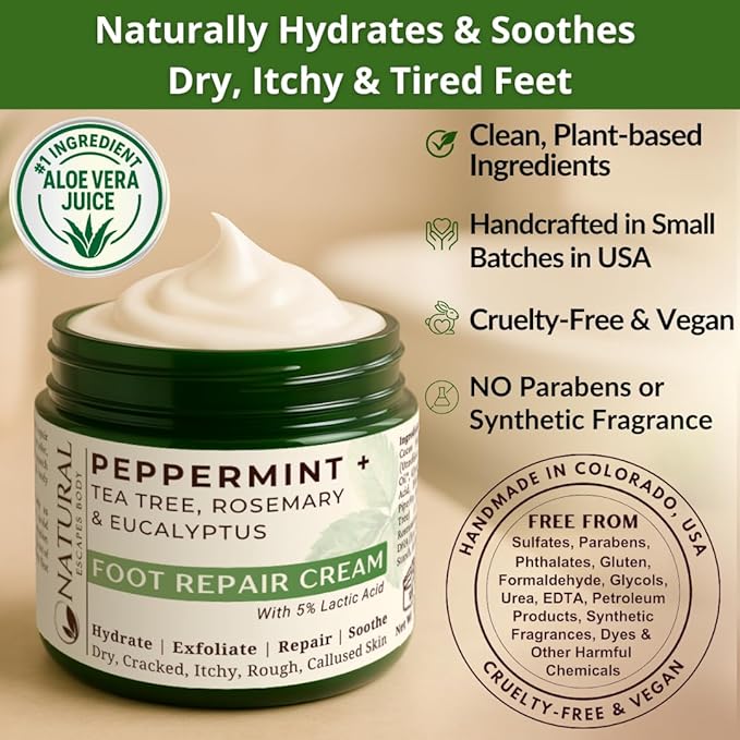 Natural Escapes Peppermint, Rosemary, Eucalyptus & Tea Tree Oil Foot Cream for Dry Feet, Cracked Heels, Calluses, Athlete's Foot - Heel Repair Cream for Women & Men (8 oz)
