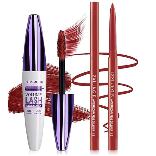 Burgundy Mascara and Eyeliner Set,Natural Curling Red Mascara for Eyelashes,Volumizing Lengthening máscara de pestañas Waterproof,5D Colored Eye Makeup