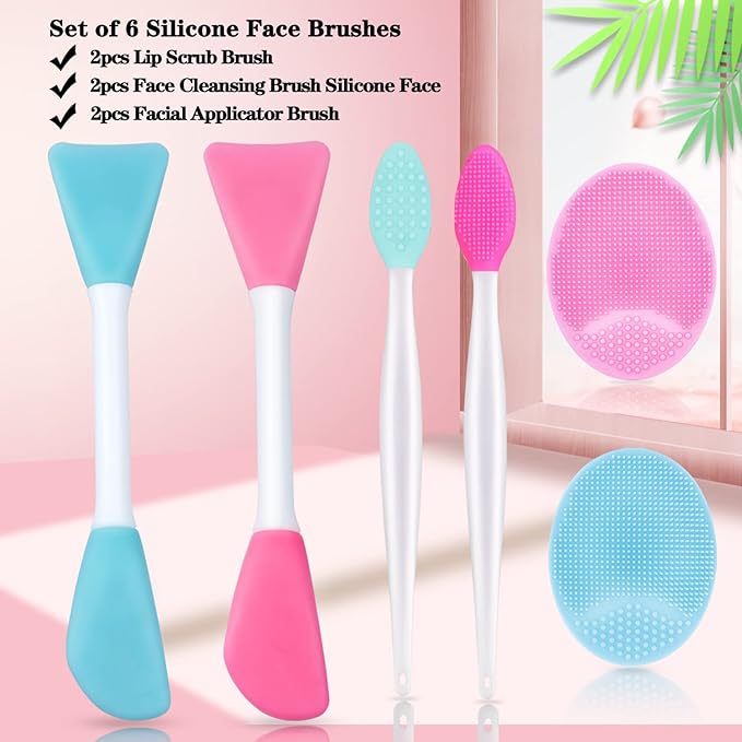 6pcs Silicone Face Brush Set, 2PCS Silicone Face Applicator Brush, 2PCS Exfoliating Lip Brush, 2PCS Silicone Face Cleaning Brushes Pad,Blackhead Face Exfoliator Skin Care Tool for Women Men
