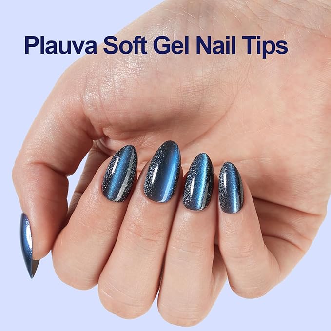 150Pcs Cat Eye Press on Nails, Plauva Medium Almond Fake Nails, Glossy Glitter Cat Eye Nail Tips, Soft Gel Stick On Nails for Women and Girls 15 Sizes