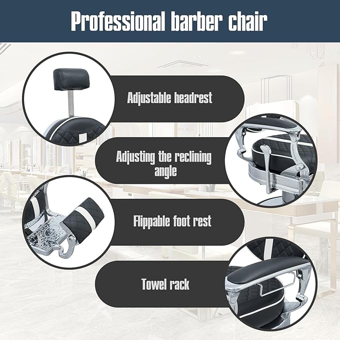 FRNIMAC Heavy Duty Barber Chair, All Purpose Vintage Style Mens Barber Chair Hydraulic Recline Salon Chair Barbershop Equipment for Beauty Spa Tatoo Massage, Weight Capacity 700lbs (Black-Chrome)