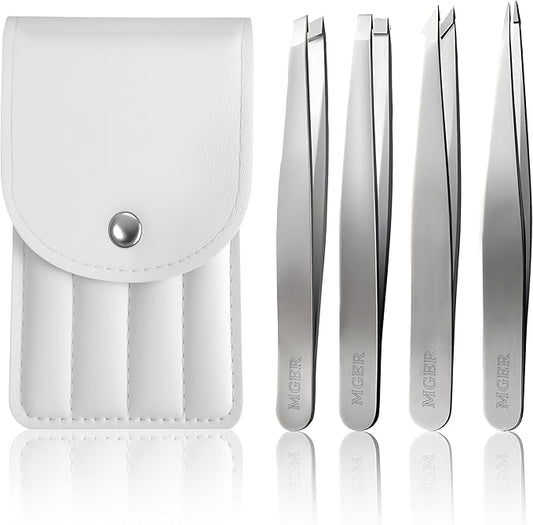 MGER Tweezers Set - Professional Stainless Steel Tweezers for Eyebrows - Great Precision for Facial Hair, Splinter and Ingrown Hair Removal