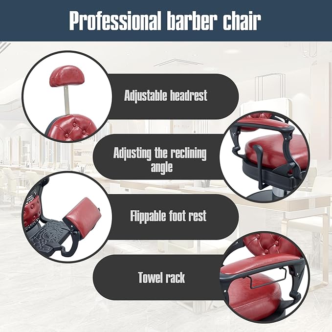 FRNIMAC Heavy Duty Barber Chair, All Purpose Vintage Style Mens Barber Chair Hydraulic Recline Salon Chair Barbershop Equipment for Beauty Spa Tatoo Massage, Weight Capacity 700lbs (Red-Black)