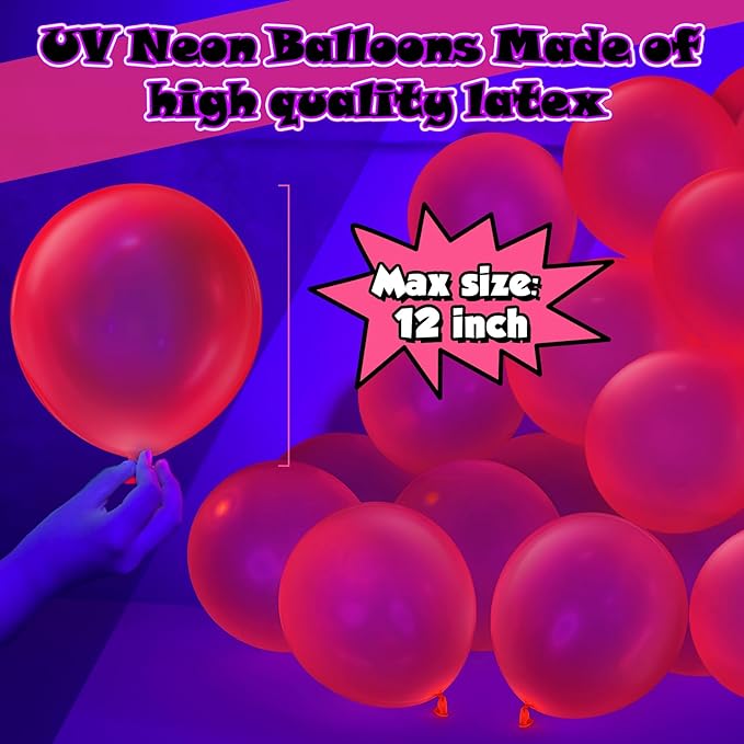 100 Pcs UV Neon Red Balloons 12 inch Neon Party Supplies, Balloons, Glow in the Dark for Birthday, Graduation, Baby Shower,Wedding, Anniversary Valentines Party Decorations
