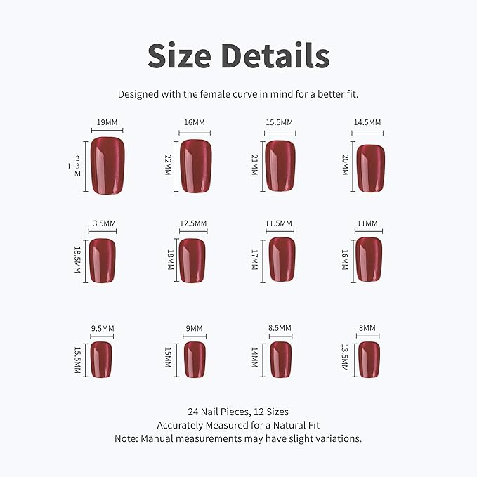 Vintage Red Cat Eye Press-On Nails – 24 Square Nails, 12 Sizes, Glossy Gel, Magnetic Shimmer, Long-Lasting, Includes Tool Kit, Easy DIY