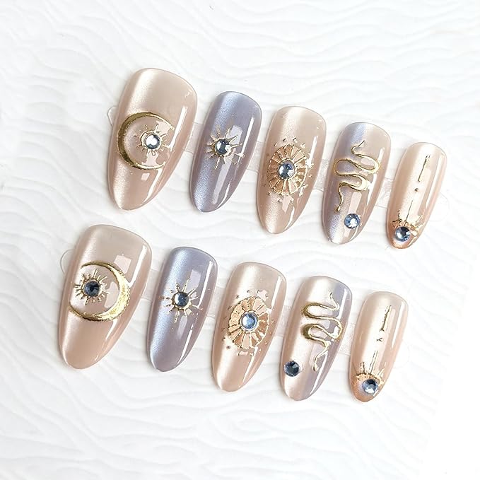 30Pcs Gold Star Press on Nails Medium Almond Fake Nails with 3D Blue Rhinestones Designs Glue on Nails Cute Moon Acrylic Nails Gold Snake French False Nails Bohemian Style Stick on Nails for Women