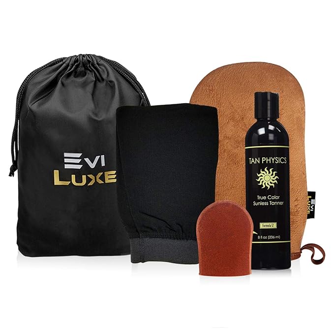 Tan Physics & EviLuxe Deluxe Tanning Mitt Bundle (5pcs) – Face & Body Tanner Mitts, Exfoliation Glove, Storage Bag & 8oz True Color Sunless Tanning Lotion – For Flawless Sun Kissed Skin All Year Long