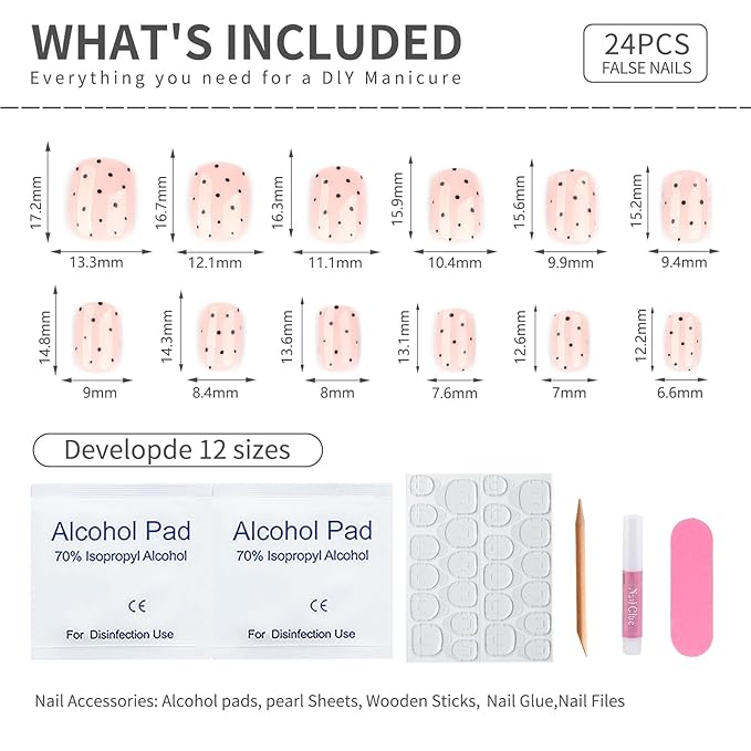 Soft Pink Short Press On Nails Square, Cute Fake Nails with Black Polka Dot Detail, Glossy Gel Finish Acrylic Nails, Daily/Party Reusable Glue On Nails Kit for Women, 24Pcs